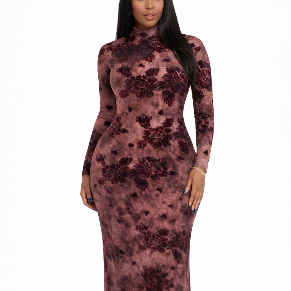 ENDLESS ROSE Burgundy Floral Long Sleeve Dress | Velvet Detail Dress | Size L